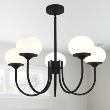 Imagem de BOKT 5 Luzes Lustre De Meados Do Século Luminária Pendente Sputnik Preta Luzes Pendentes Globo De Vidro Leitoso Lustre Sputnik Ajustável Sala De Jantar Moderna De Fazenda Sputnik Iluminação De Ilha