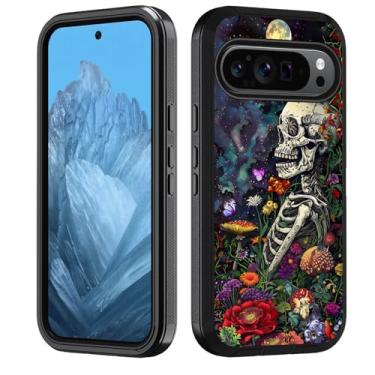 Imagem de FVAENDHIO Capa para Google Pixel 9/Pixel 9 Pro, capa protetora de corpo inteiro à prova de choque híbrida 3 em 1 de grau militar resistente para Google Pixel 9/9 Pro (2024), flores de caveira sob a
