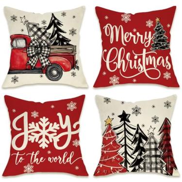 Imagem de Fahrendom Conjunto de 4 capas de almofada decorativas Merry Christmas, 45,7 x 45,7 cm, árvore de Natal, caminhão, alegria para o mundo, varanda, pátio, exterior, fronha, inverno, floco de neve, sofá