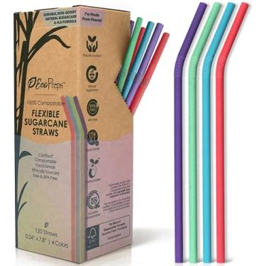Imagem de EcoPreps Canudos de cana flexíveis coloridos, dobráveis, 120 unidades | Conjunto de canudos descartáveis ecológicos de 20 cm (canudos dobráveis de 20 cm (x120 canudos))