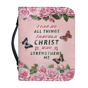 Imagem de PCSJRKG Capa bíblica com compartimentos para caneta e bolso, capa de couro para mulheres e meninas, bolsa de transporte bíblico para igreja, Borboleta de flor com verso - rosa, Large