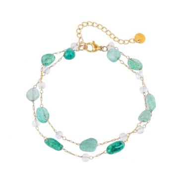 Imagem de Izpack Pulseira feminina com pedras naturais empilháveis ajustáveis – Banhado a ouro, feito à mão, cristal, azul, verde, esmeralda, pedras preciosas, contas de duas camadas, joias barrocas para mães e