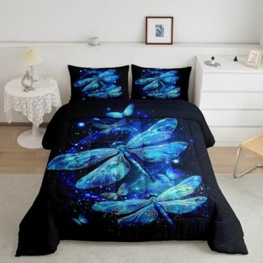 Imagem de Conjunto de edredom 3D azul libélula, tamanho casal, 3 peças, borboleta vaga-lume selvagem natural para crianças, adolescentes e adultos, conjunto de edredom com 2 fronhas