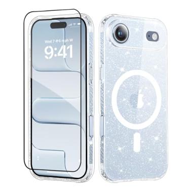 Imagem de MIODIK Capa para celular compatível com iPhone Air + protetor de tela, [compatível com Magsafe] Capa de telefone feminina com glitter transparente antiamarelamento, capa de proteção de câmera