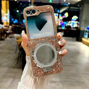Imagem de Capa protetora de couro com suporte espelhado galvanizado para Galaxy Z Flip5 (para Galaxy Z Flip5/rosa vermelha)