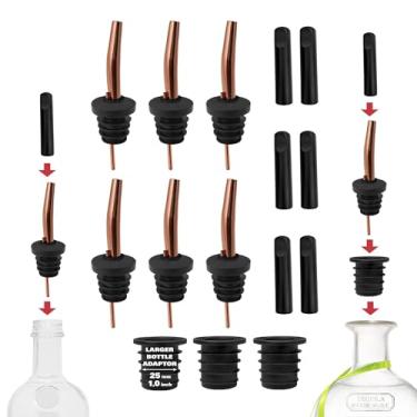 Imagem de Pacote com 6 dosadores de garrafa de aço inoxidável - 6 tampas de poeira e 3 adaptadores - bocal sem gotejamento - bicos para bebidas alcoólicas e barmans - Bico de velocidade de ajuste universal