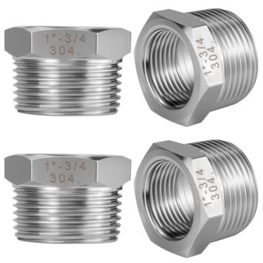 Imagem de Jingzan Pacote com 4 buchas sextavadas redutoras de aço inoxidável 304 2,5 cm macho NPT × adaptador de encaixe de tubo NPT fêmea de 3/10.2 cm com fita de vedação (1 MNPT × 3/4 FNPT)