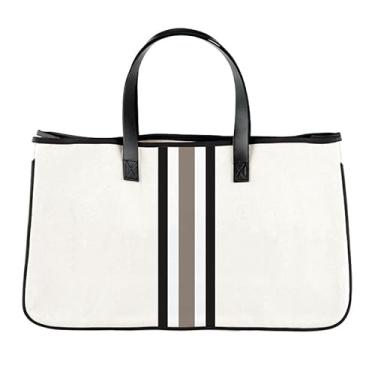 Imagem de Santa Barbara Design Studio Bolsa de lona listrada Racer - Alças de couro e forro à prova d'água, Natural + cinza, branco, 11" H x 20" W x 6" D, Inside Pocket: 7.5" H x 9" W, Preppy, casual, esportivo