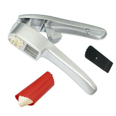 Imagem de QPQ Espremedor de alho profissional 2 em 1, ferramenta de cozinha de alumínio com limpador embutido, triturador manual e picador para dentes de alho com casca