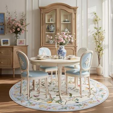 Imagem de jinchan Tapete floral redondo de 2,8 m, vintage, lavável, antiderrapante, floral, macio, círculo, tapetes com estampa de pelo baixo, para quarto, sala de estar, sala de jantar, sala de jogos, bege