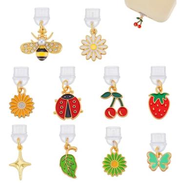 Imagem de PH PandaHall 10 estilos de pingentes de plugue de poeira, pingentes para tema de verão Kindle, flores, frutas, insetos, berloque tipo C, portas de carregamento, plugues de poeira, pingentes para