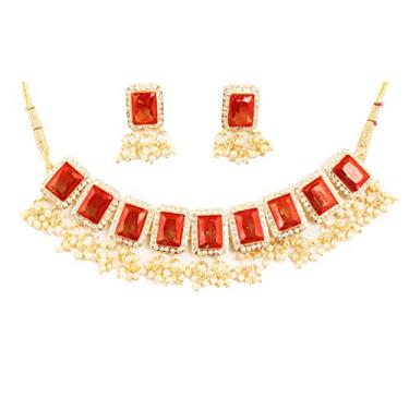 Imagem de Touchstone New Indian Bollywood Studded Style Retangular Shape Red Faux Ruby and Faux Pearls Bunches Designer Jewelry Bridal Choker conjunto em tom dourado para mulheres.