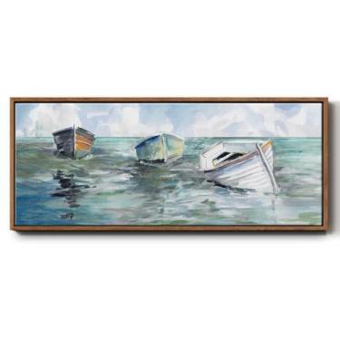 Imagem de Renditions Gallery Quadro flutuante para decoração de parede barcos trio pego na maré baixa pinturas naturais para restrição escolar escritório hotel - 20 x 50 cm moldura nogueira LT610