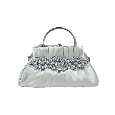 Imagem de IAMUHI Bolsa feminina retrô de cetim para noite plissada com strass, bolsa de ombro transversal para festa de casamento com corrente, A - prata, One Size