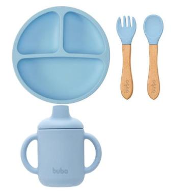 Imagem de Kit Buba Prato Talheres Copo Transição Silicone Bambu Bebê, Azul
