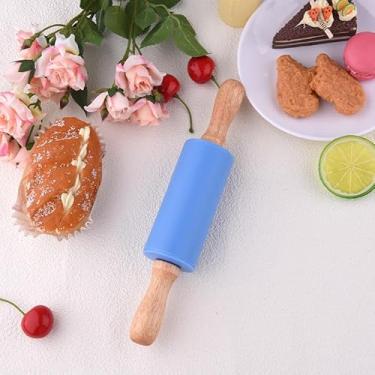 Imagem de Mini rolo de massa de brinquedo para filha, filho, cozinha, pastelaria, pastelaria, pequeno rolo de massa azul, 23 cm de superfície de silicone antiaderente com cabo de madeira, rolo de brinquedo Doh
