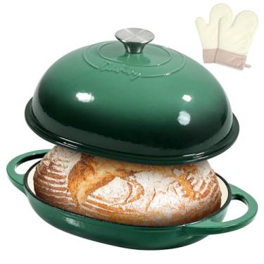 Imagem de Davivy Forno holandês oval esmaltado de 6 litros para assar pão de fermento com tampa, forma oval de ferro fundido com tampa, assadeira de fermento de ferro fundido, com luvas de silicone - verde