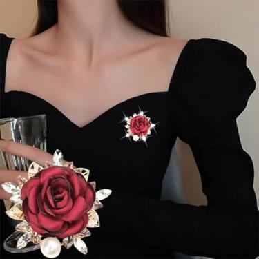 Imagem de Broche de flor de rosa vermelha para festa de casamento, essencial para cavalheiros, feito à mão, imitação de cristal artificial pérola tecido flor broche rosa, ótimo presente para homens e mulheres