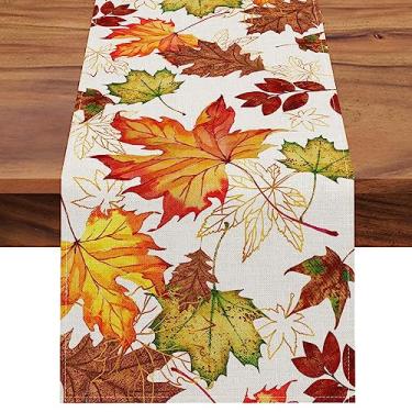 Imagem de Caminho de mesa de folhas de bordo de outono, planta de aquarela de ação de graças folhas amarelas decoração de cozinha para casa, colheita de outono sazonal botânico colorido serapilheira