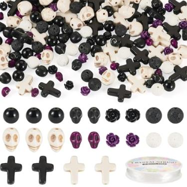 Imagem de Cheriswelry 150 peças de contas de caveira de Halloween a granel turquesa pedra cruz contas de flor contas de pedra vulcânica espaçador com fio de cristal 6-15 mm para pulseira faça você mesmo