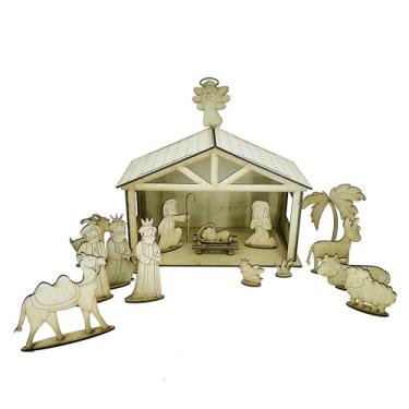 Imagem de Presépio de Natal em MDF Crú, Figuras Cortadas a Laser, Conjunto Completo com José, Maria, Menino Jesus, Reis Magos, Anjo e Animais, Desmontável Médio