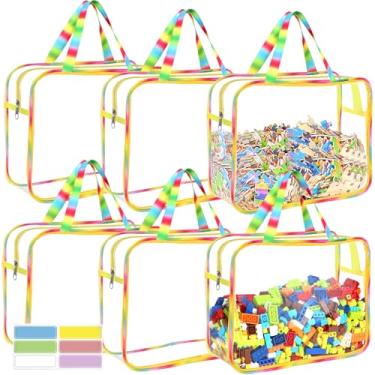 Imagem de 6 pacotes grandes de sacos de armazenamento de brinquedos com etiquetas, armazenamento de jogos de tabuleiro de PVC transparente reutilizável, bolsas organizadoras à prova d'água para viagem com zíper