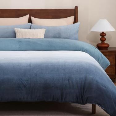 Imagem de Bedbay Conjunto de edredom de luxo azul fofo de veludo leite, 3 peças, quente, felpudo, para cama queen size com 2 fronhas