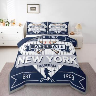 Imagem de jejeloiu Conjunto de edredom de beisebol, solteiro, Nova York, para crianças, meninos, meninas, beisebol, cidade, jogos, decoração de quarto, microfibra, 2 peças com 1 fronha