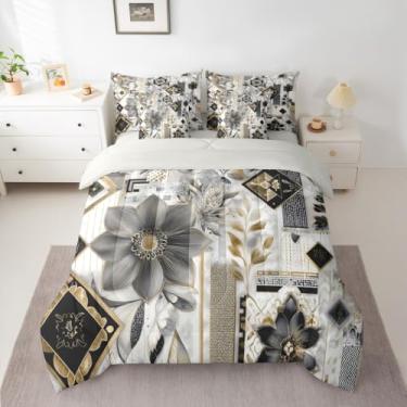Imagem de Erosebridal Conjunto de cama King Size floral boêmio, 7 peças, conjunto de edredom de flores abstratas modernas com lençóis, cama rústica vintage de fazenda em uma bolsa para adultos, crianças, preto