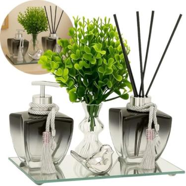 Imagem de Kit Banheiro Lavabo de Vidro Degradê Luxo com Bandeja, Vasinho, Difusor e Enfeite Decorativo – 10 Peças Premium(Prata)