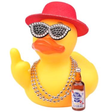 Imagem de MuMyer Ornamento de carro de pato de borracha, acessórios exclusivos de decoração de painel de carro de pato amarelo com colar de óculos de sol de cartola e adereço fofo (9,5 cm)