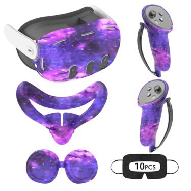 Imagem de Relohas Deluxe 5 em 1 acessórios de silicone para Meta Quest 3, conjunto de capa protetora VR, capa de controle, capa VR, capa facial, presentes para Natal e Halloween (Galaxy Purple)