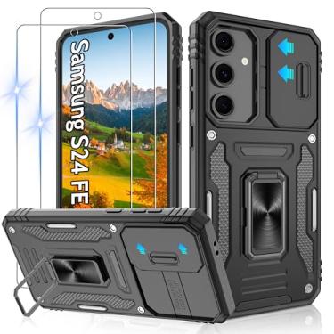 Imagem de Gritup Capa para Samsung Galaxy S24 FE com 2 protetores de tela HD e capa de câmera deslizante, proteção contra quedas de grau militar de 3,5 m, suporte de anel magnético, capa protetora para celular