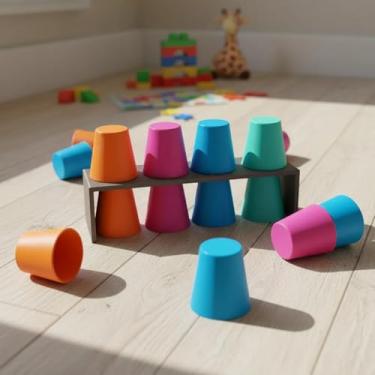 Imagem de Jogo de Combinação de Cores com Copos, 4 Cores Vibrantes, Tabuleiro Multifuncional 14x4cm, Material PLA, Desafio Estratégico para Todas as Idades