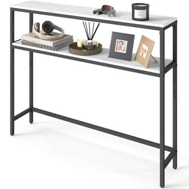 Imagem de VASAGLE Mesa de console, mesa de sofá estreita de 2 camadas com 2 prateleiras, 19 x 100 x 81,5 polegadas, para sala de estar, corredor, entrada, mármore branco e tinta preta ULNT131W59V1