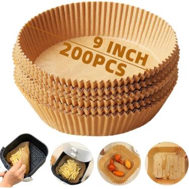 Imagem de Forros de fritadeira de ar descartáveis, 200 peças, forros redondos de papel pergaminho para fritadeira a ar de 5 a 8 litros, forro de papel de airfryer impermeável fácil de limpar