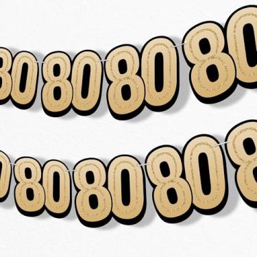 Imagem de Big Dot of Happiness Faixa de guirlanda de aniversário de 80 anos, pano de fundo de decorações de festa de aniversário preto e dourado para adultos, 7 metros de cordão, 15 números de papel de dupla