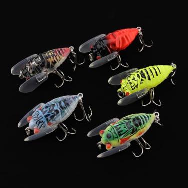 Imagem de 5 iscas de pesca de cigarra, iscas biônicas de robalo, olhos holográficos 3D realistas, iscas artificiais de pesca com mosca para entusiastas