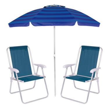 Imagem de Kit Praia 2 Cadeiras Alta + Guarda Sol Premium 2m Bagum Alumínio Azul - Mor