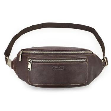 Imagem de Bolsa Pochete de Couro Legítimo Masculino CONTACTS, com Alça Ajustável (56.5-95cm) e Fecho de Metal Mortise, Suporta iPad Mini 8.3" – Bolsa de Cintura Transversal Doleira para Viagem Antifurto Luxo