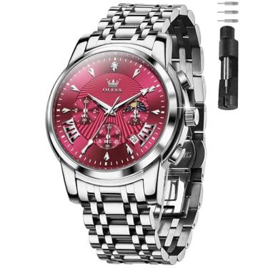 Imagem de OLEVS Relógios masculinos de luxo de aço inoxidável, relógio social fácil de ler, mostrador grande, cronógrafo, casual, analógico, números romanos, reloj para hombre, Pulseira prata face vermelha-2892