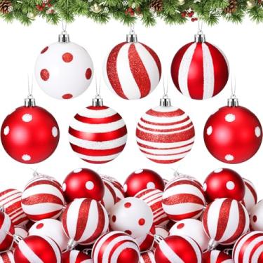 Imagem de Vercraft 48 peças de enfeites de bola vermelha e branca de Natal de 6 cm com listras plásticas de Natal para decoração de festa de árvore de Natal, 6 estilos
