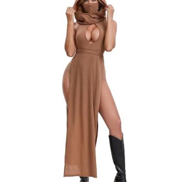 Imagem de AGOSAK Vestidos longos góticos para festivais, vestidos longos e sensuais, para festas noturnas, Camelo, P