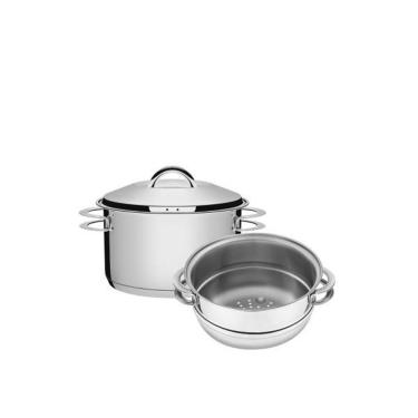Imagem de Cuscuzeira Tramontina Solar Em Aço Inox Fundo Triplo Com Alças 2 Peças 16 Cm