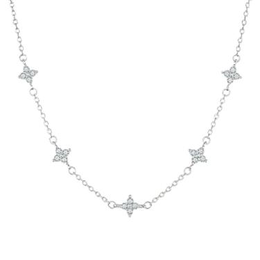 Imagem de Colar feminino com pingente de quatro folhas, corrente fina com pedras de zircão, ajustável 38 + 6 cm, peça de joia de prata simples S925