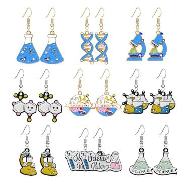 Imagem de Dreuyet Conjunto de 9 pares de brincos de biologia, pingente exclusivo, química, átomo, DNA, microscópio, cérebro, coração, globo e cientista, brincos para mulheres, joias nerd, presentes, Middle