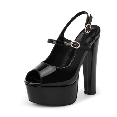 Imagem de yowmns Sandálias femininas plataforma plataforma peep toe salto alto grosso fivela alça sexy sapatos de festa, Preto, 40