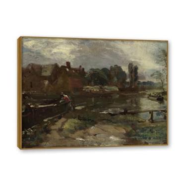 Imagem de Moldura de teca. Arte em tela romantismo estilo constável, (sem título 15), pintura de paisagem inglesa emoldurada, decoração de parede elegante para sala de estar escritório. 50 x 65 cm - 19,7 x 25,6