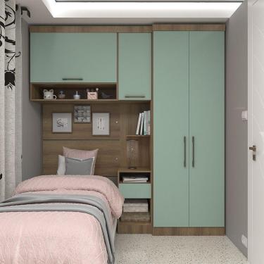 Imagem de Quarto De Solteiro Com Guarda Roupas Mesa De Cabeceira E Nicho Paris Luciane Móveis Avelã Pf Com Verde Pf