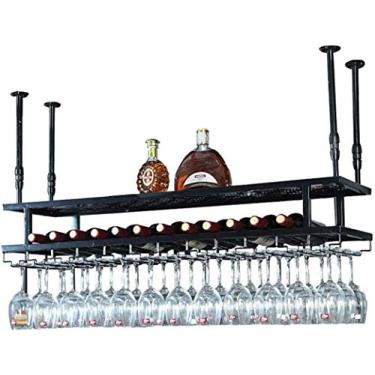Imagem de Prateleiras de vinho de duas camadas de metal para teto rack de copo de vinho Suporte de taça de champanhe/suporte de cálice bar decorativo altura ajustável preto 60 x 30 cm